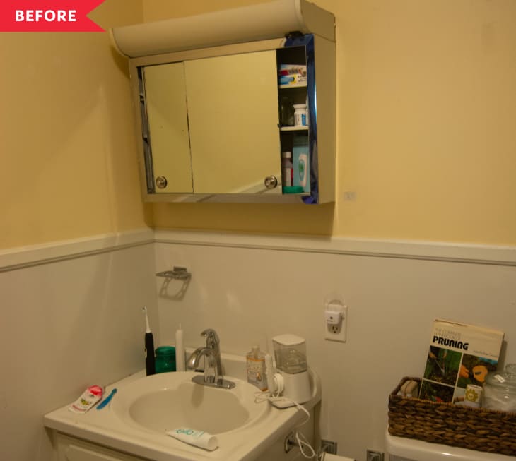 Before: yellowy bathroom with worn-out fixtures