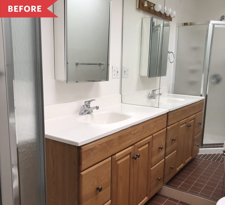 Before: Bathroom with outdated vanity and tile floors