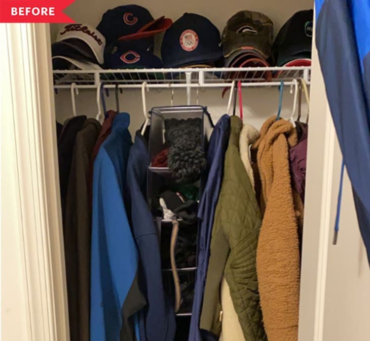 Before: crowded closet full of coats and hats