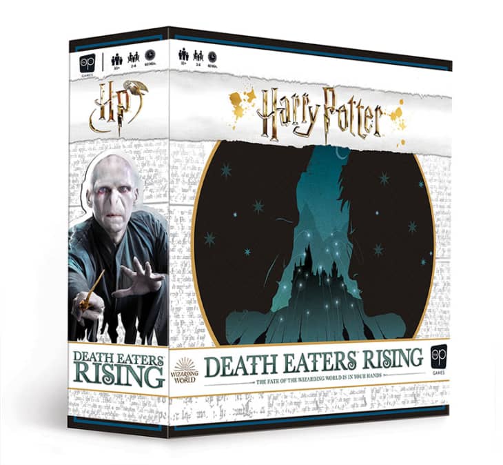 Harry Potter Death Eaters Rising board game box featuring Voldemort and Hogwarts silhouette.