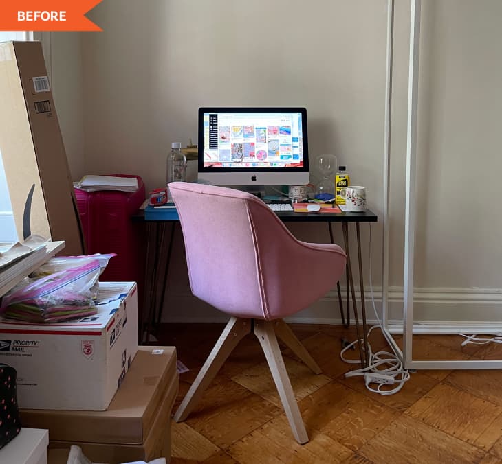 Before: pink chair at a small desk