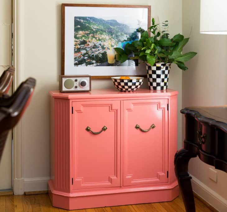 Pink entryway console.