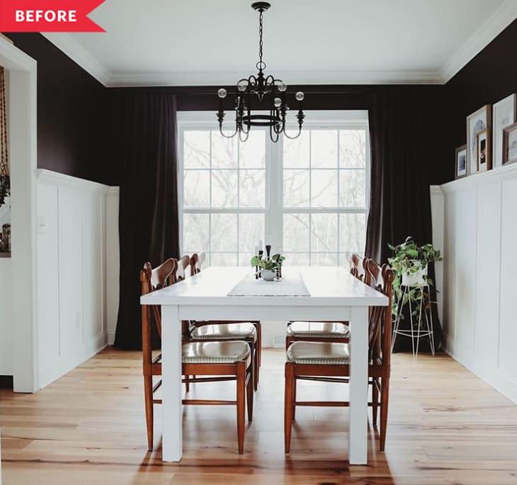 Before: dining room with white ceiling and dark walls