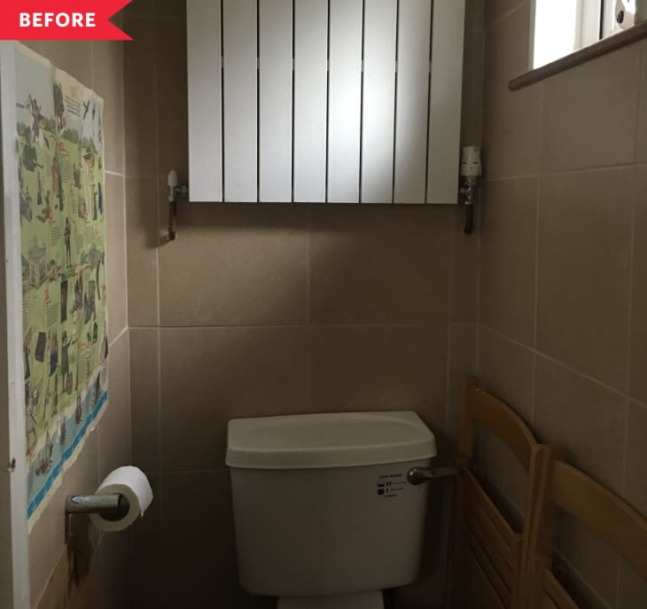 Before: dark bathroom with tan tiled walls
