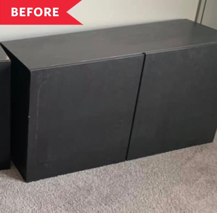 Before: Black IKEA BESTA cabinet sitting on gray carpet