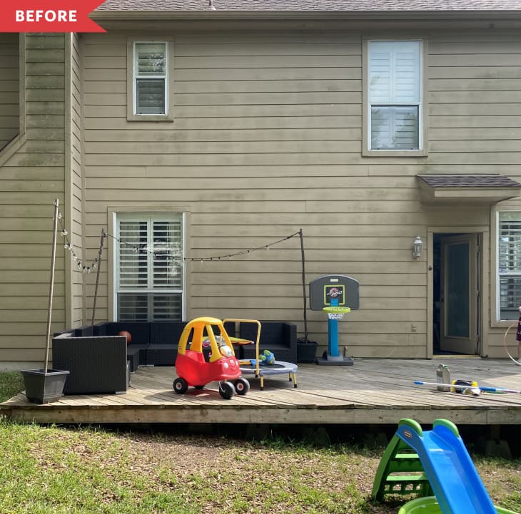 before: weathered deck with plain furnishings
