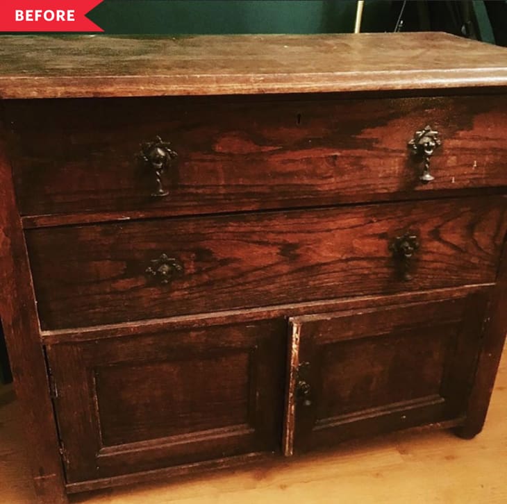 Before: two-drawer cabinet in beat-up wood finish