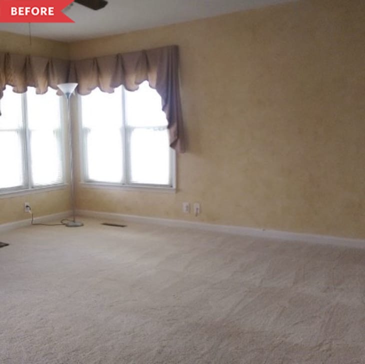 Before: Beige living room with maroon curtains
