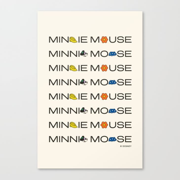 Minnie Mouse text with icons replacing letters, including a lemon, flower, and car, repeated in rows.