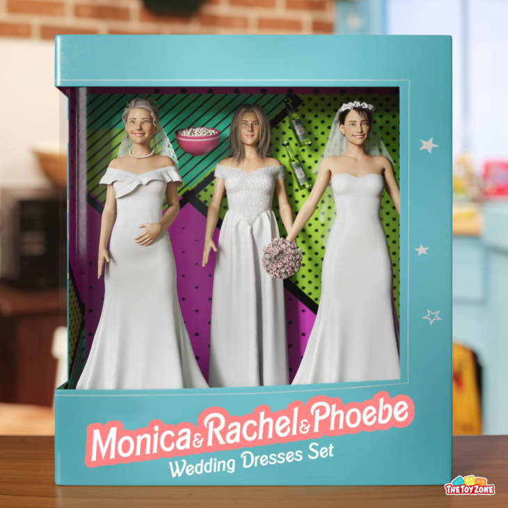 Three dolls in wedding dresses with bouquets in a colorful box labeled "Monica & Rachel & Phoebe Wedding Dresses Set."