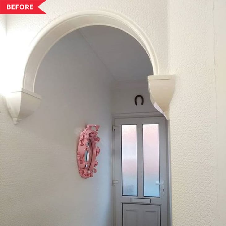 Before: Plain white entryway with pink mirror