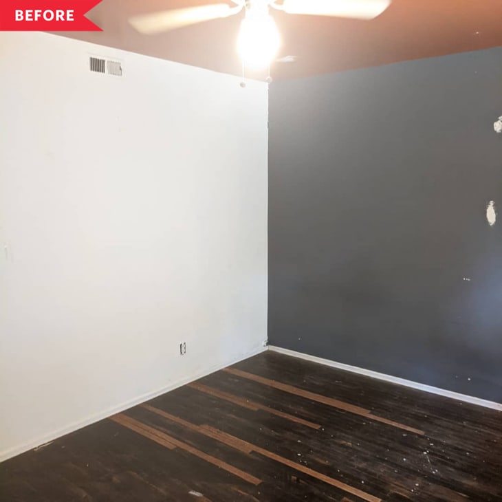 Before: room with white and dark gray walls and orange ceiling