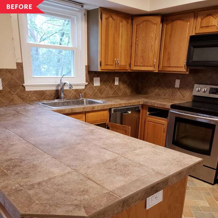 Before: brown kitchen with wood cabinets