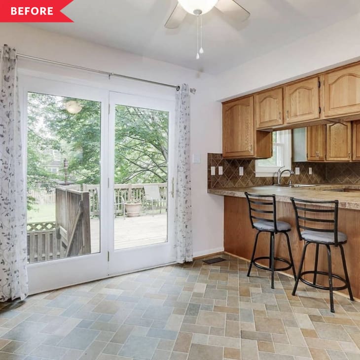 Before: brown kitchen with wood cabinets