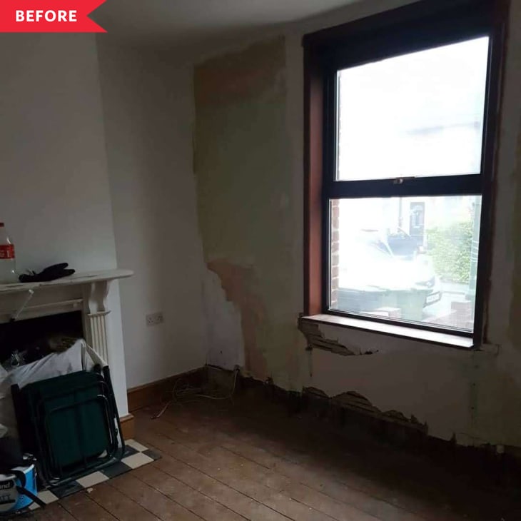 Before: living room with peeling plaster and dingy colors