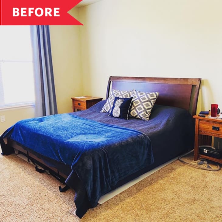 Before: Bedroom with tan carpeting and off-white walls.
