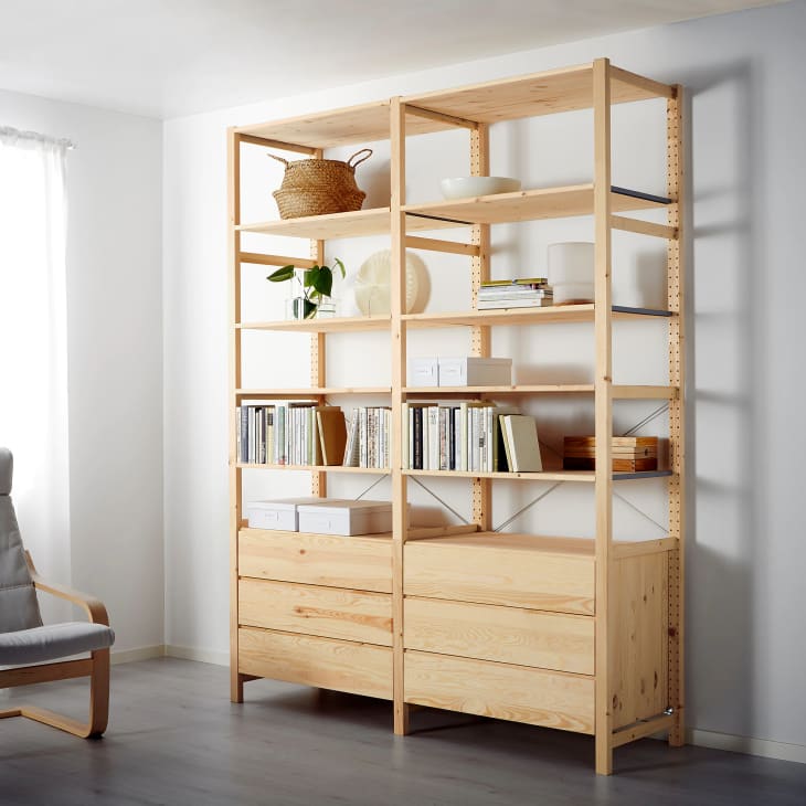 IKEA IVAR bookshelf made from IVAR frames and 3-drawer chests.