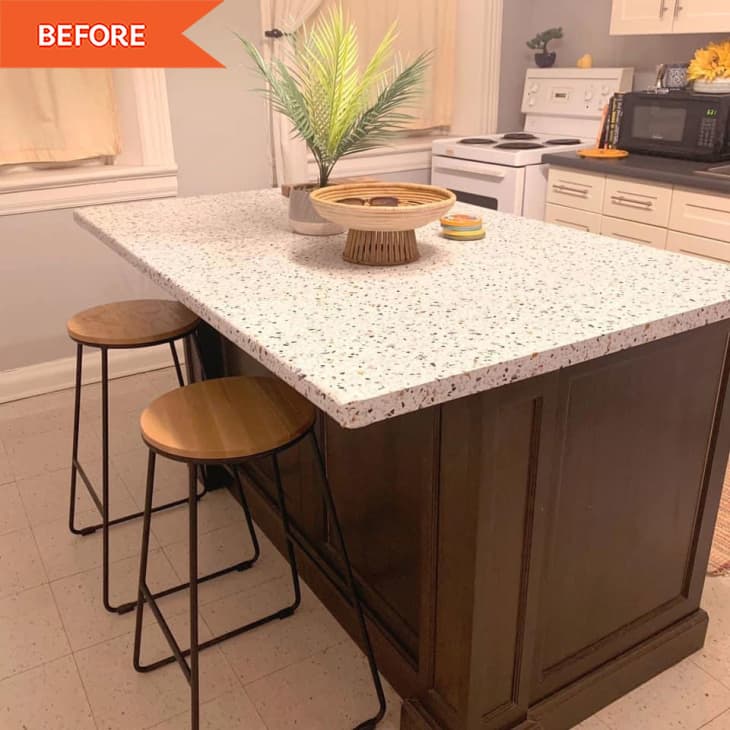 Beige kitchen with speckled island