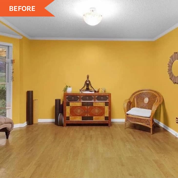 Before: Yellow walls with a dresser and meditation statue on top