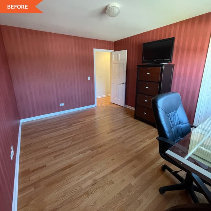 Before: red walls with desk and dresser