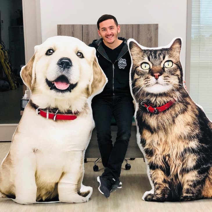 Man sitting between large dog and cat cutouts, both wearing red collars.