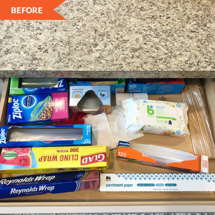 Before: drawer with cling wrap and aluminum foil