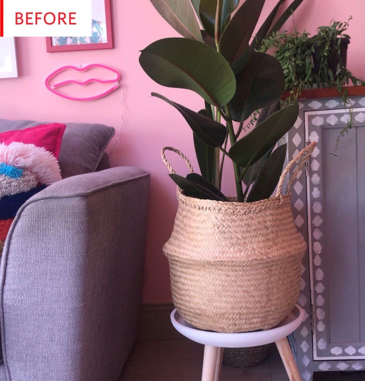 Gray sofa with colorful pillows, pink wall, neon lips sign, and a large plant in a woven basket on a stool.