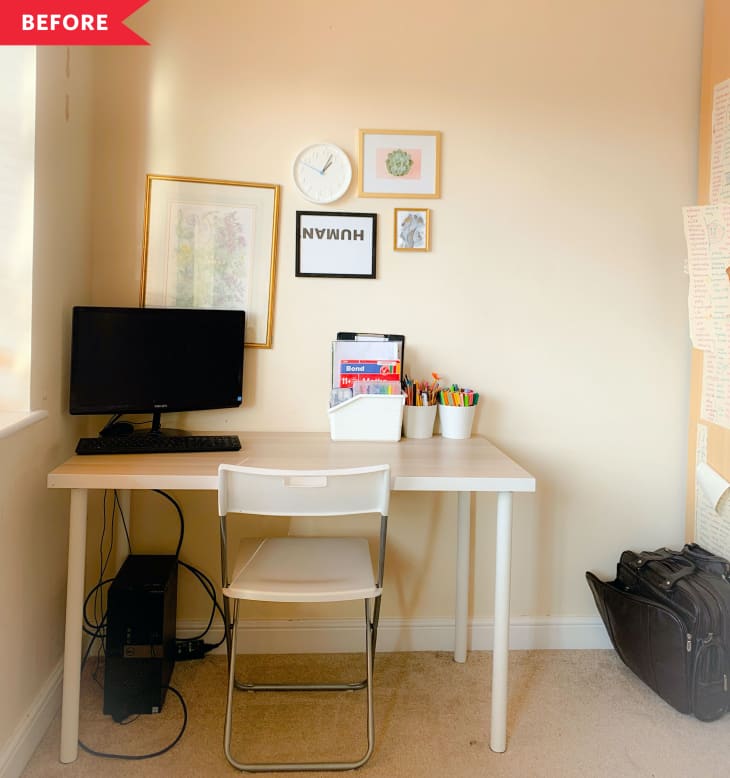 Before: Cream-colored wall with desk and no shelving