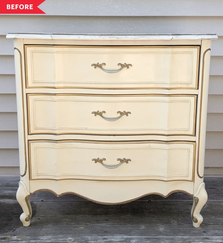 Before: Pale yellow-cream French provincial-style three-drawer dresser
