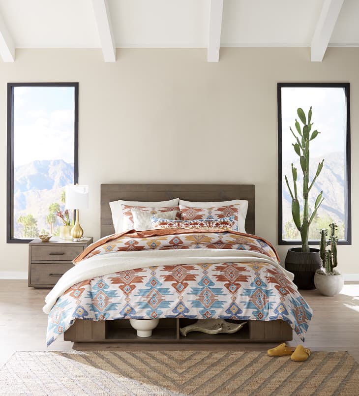 Macy's Shash Dine collaboration bedding with geometric motif and neutral colors with pops of turquoise