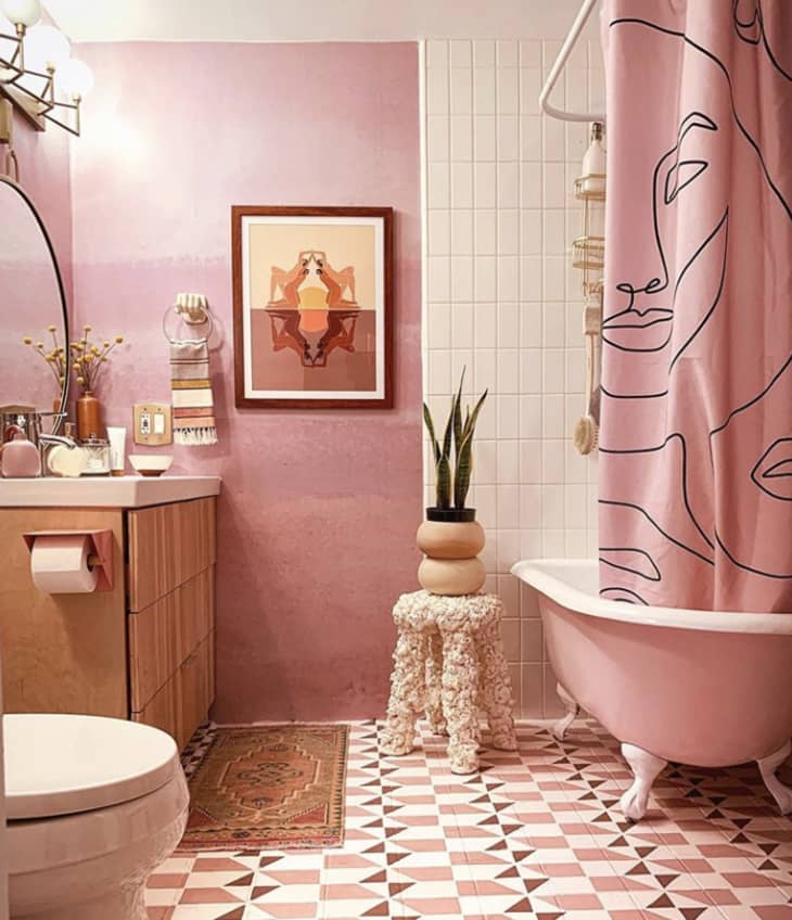 Katie Zamprioli's pink bathroom remodel that features a foam stool