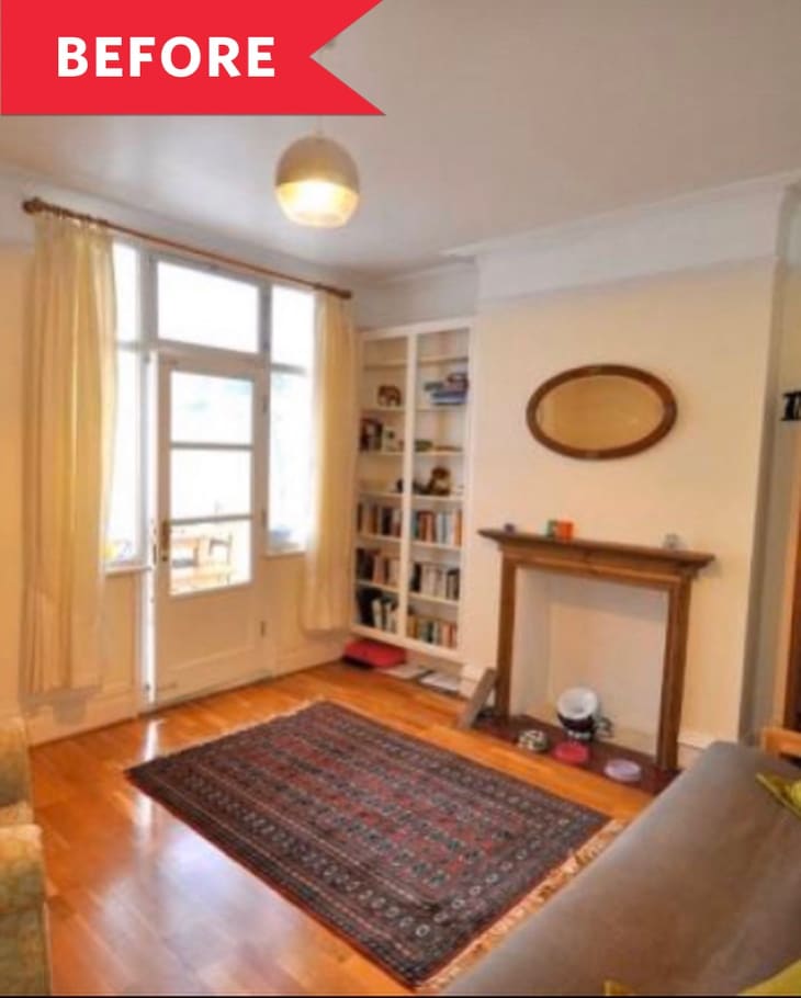 Living room with wooden floor, red patterned rug, bookshelf, and fireplace, labeled "Before" in red banner.