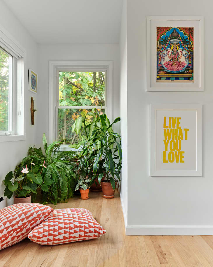 Cozy nook with potted plants, geometric cushions, and framed art on white walls.