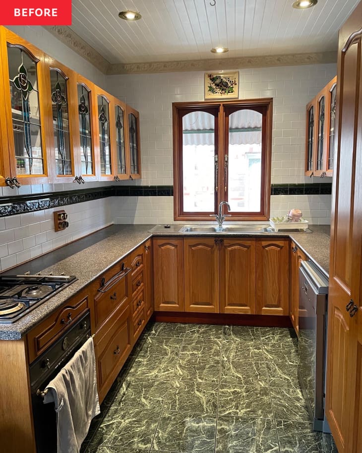 80s style kitchen with wood cabinets before remodel