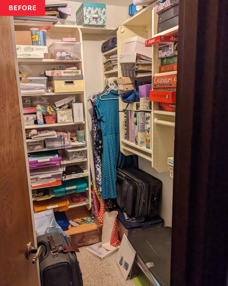 Messy closet before organizing.
