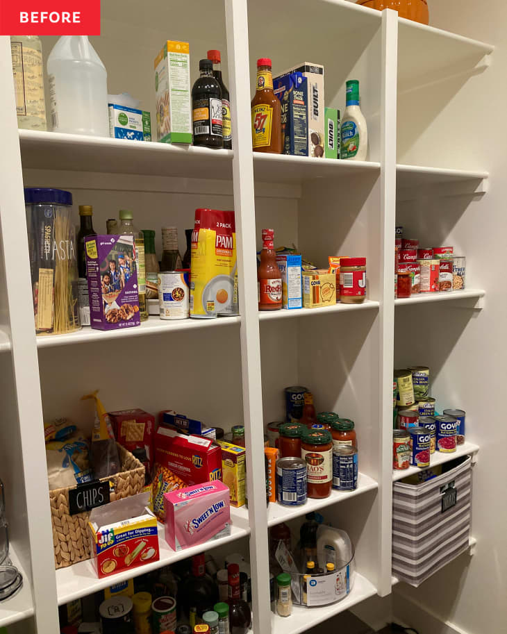 Before: A white pantry filled with food items