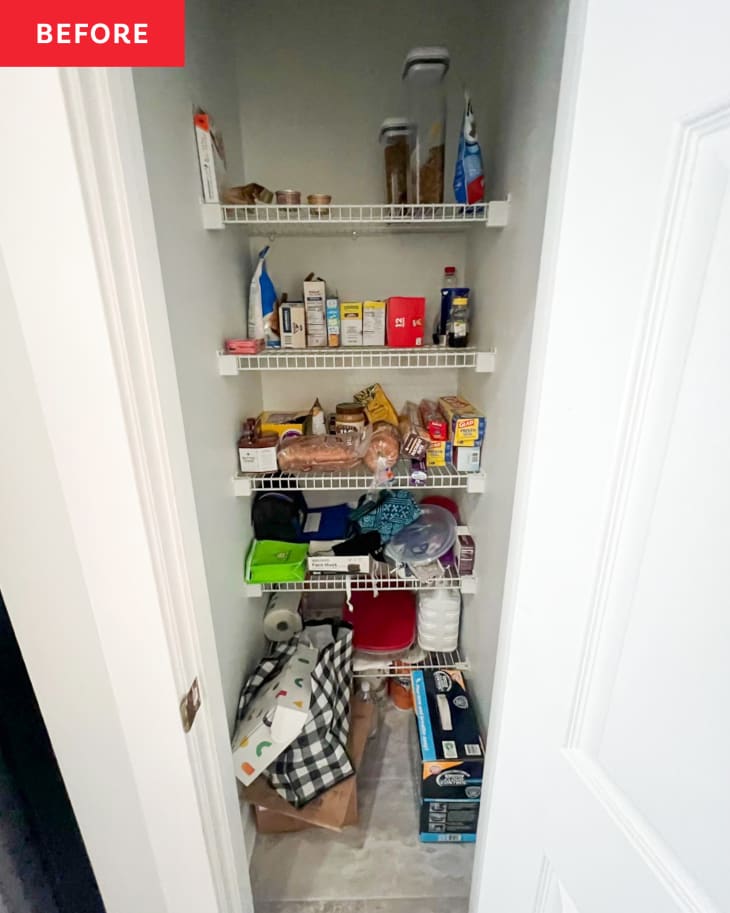 Before: a pantry with food on shelves