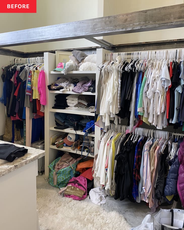 Before: multiple rows of clothes on hangers with a shelf in the middle