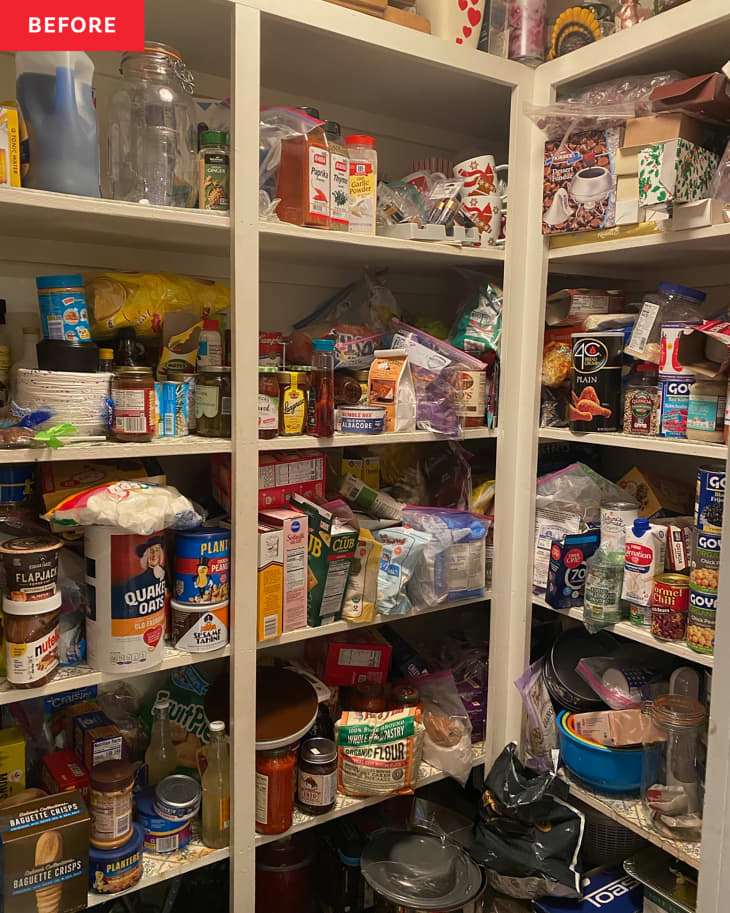 Messy and  disorganized pantry before reorganization.