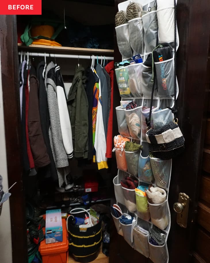 Before: a closet with a dark wooden door and a shoe organizer hanging on the door