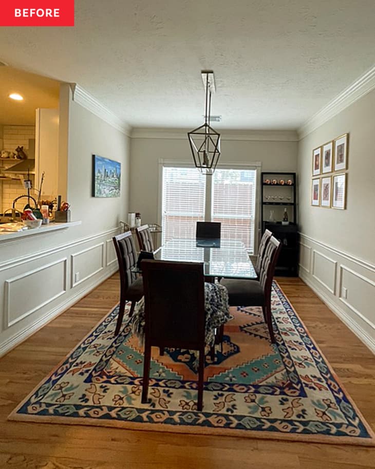 dining room before home staging: wood floor, rectangular glass dining table, dark leather chairs, patterned area rug, hutch in back of photo