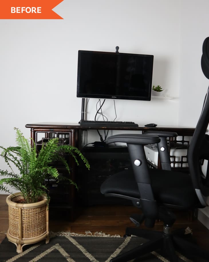Desk area before, white wall with big large desk