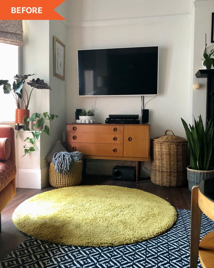 A TV Wall Makeover with Paint Sample Pots Before and After photos