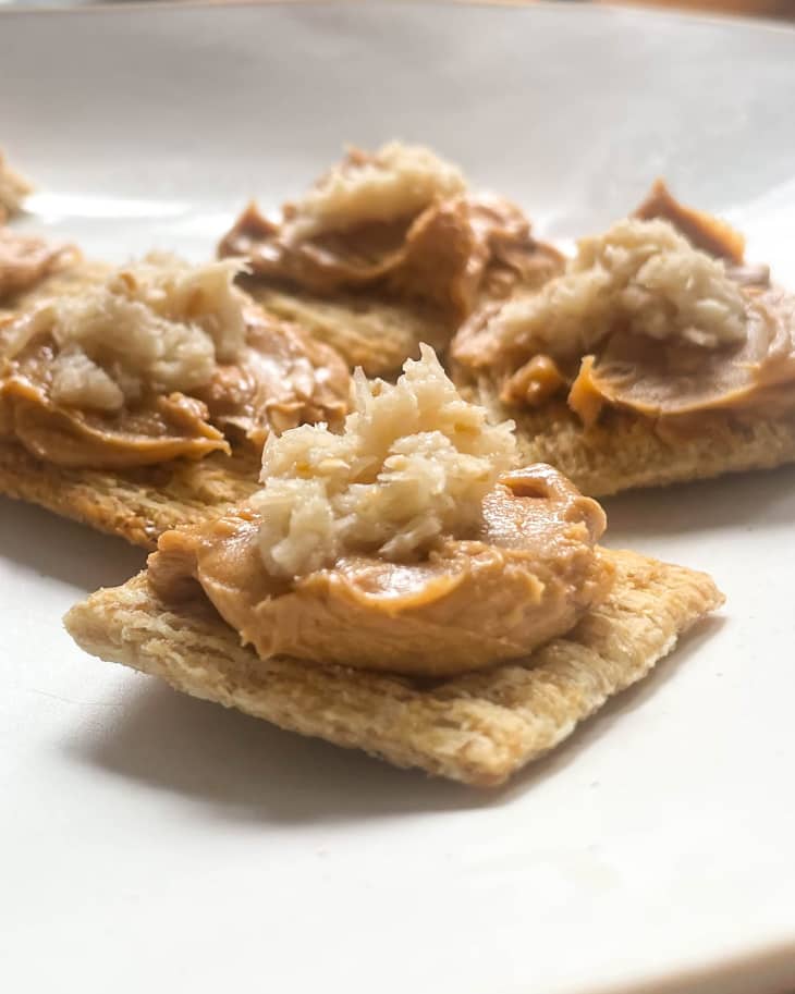 Peanut butter horseradish crackers plated.