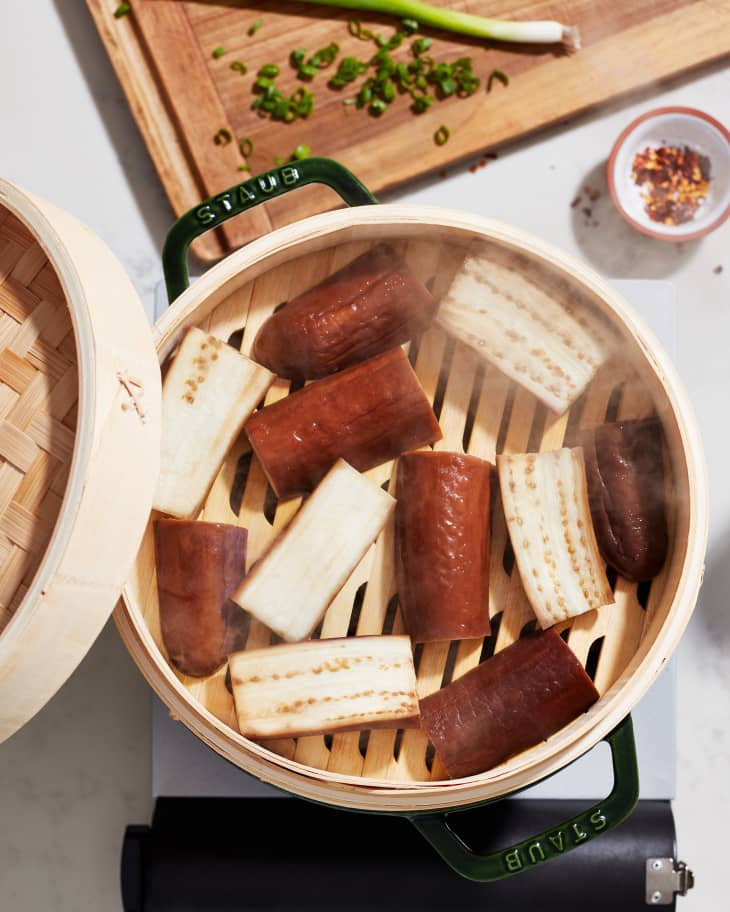 spicy eggplant being steamed