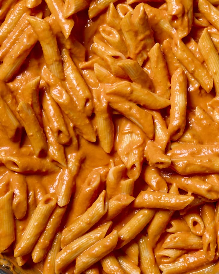close up shot of penne alla vodka.