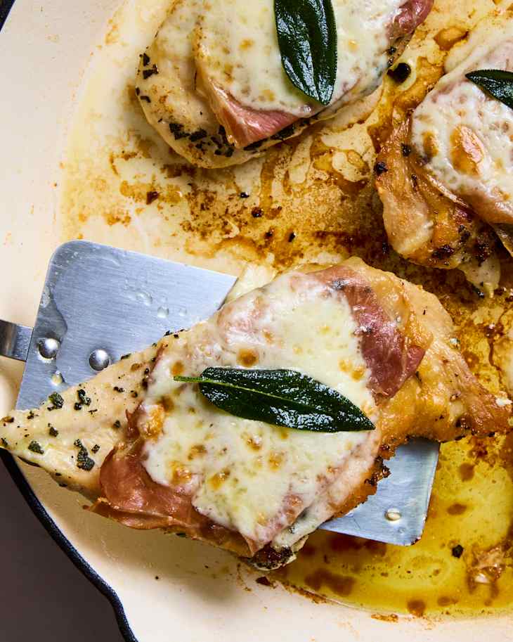 chicken saltembuca in enamel cast iron
