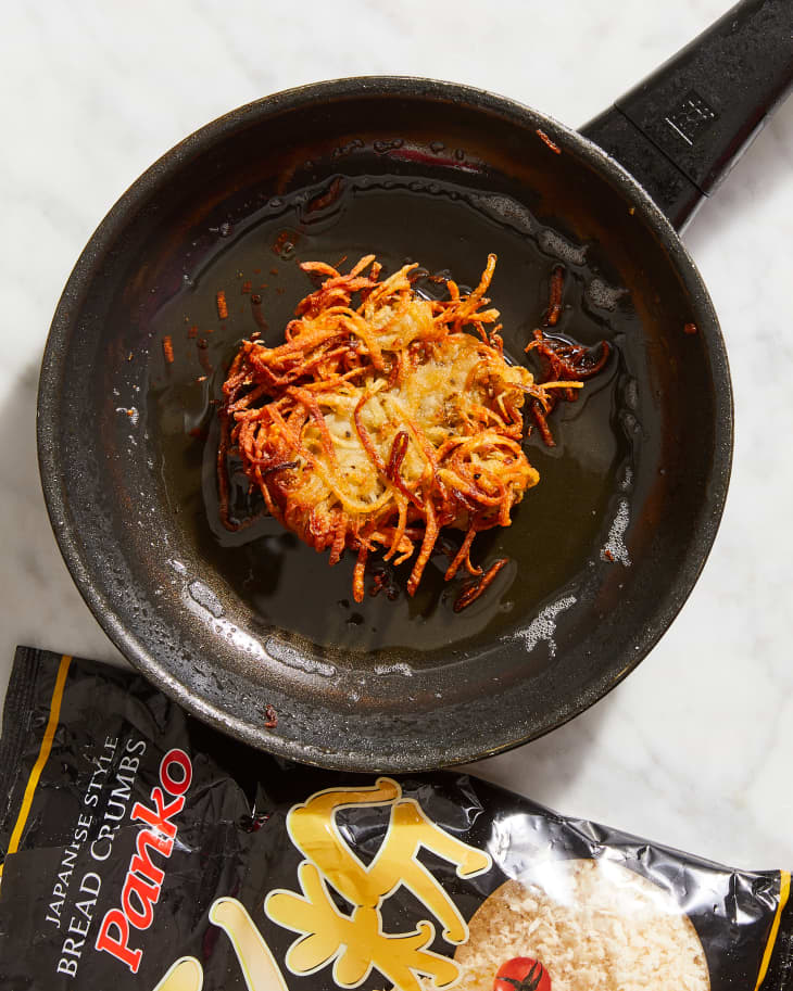 latke in pan with panko bag