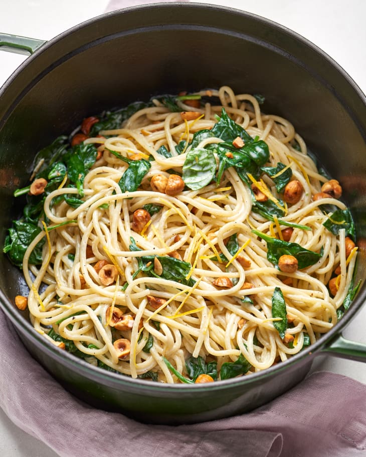 Spaghetti with Mascarpone, Meyer Lemon, Spinach, and Hazelnuts