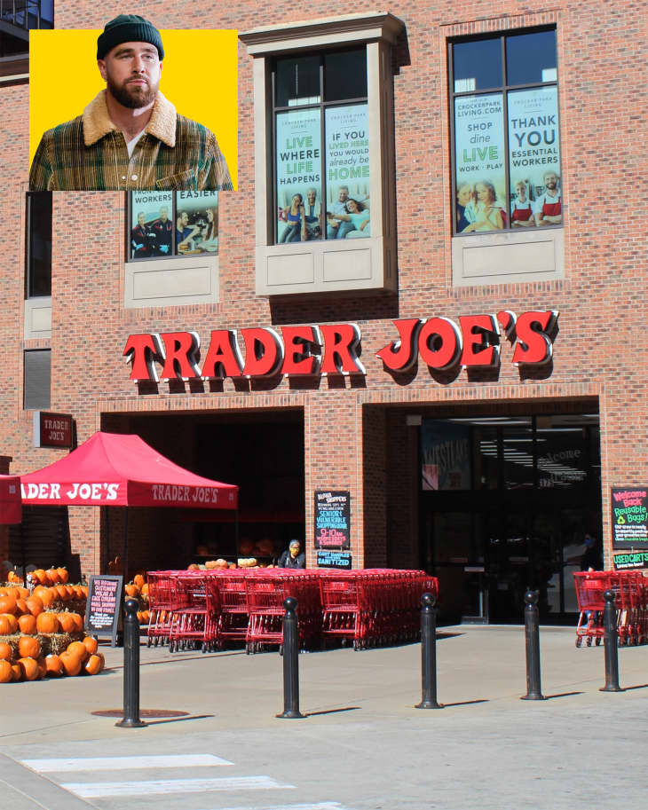 Trader Joe's storefront with inset photo of Travis Kelce